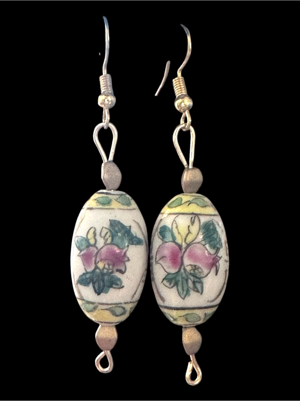 Chinese Character Beads with Floral Porcelain Dangle Earrings says Longevity!